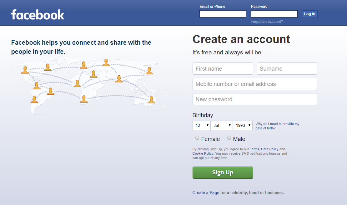 facebook sign up and login in